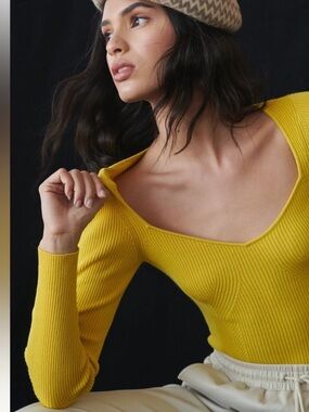 Anthropologie Ribbed Sweetheart Sweater - Yellow